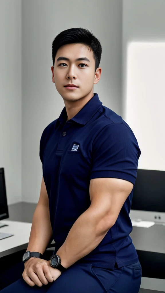 A male police officer in his 20s poses for a group photo., Wear a navy blue polo shirt., high resolution, Masterpiece, best quality, head:1.3,, Smooth and fine skin, clear focus, (movie light), during the night, gentle light, Dynamic angle, (detailed face:1.2), (((exercise))), sport, His arm muscles were very big., hand in crotch, in his office