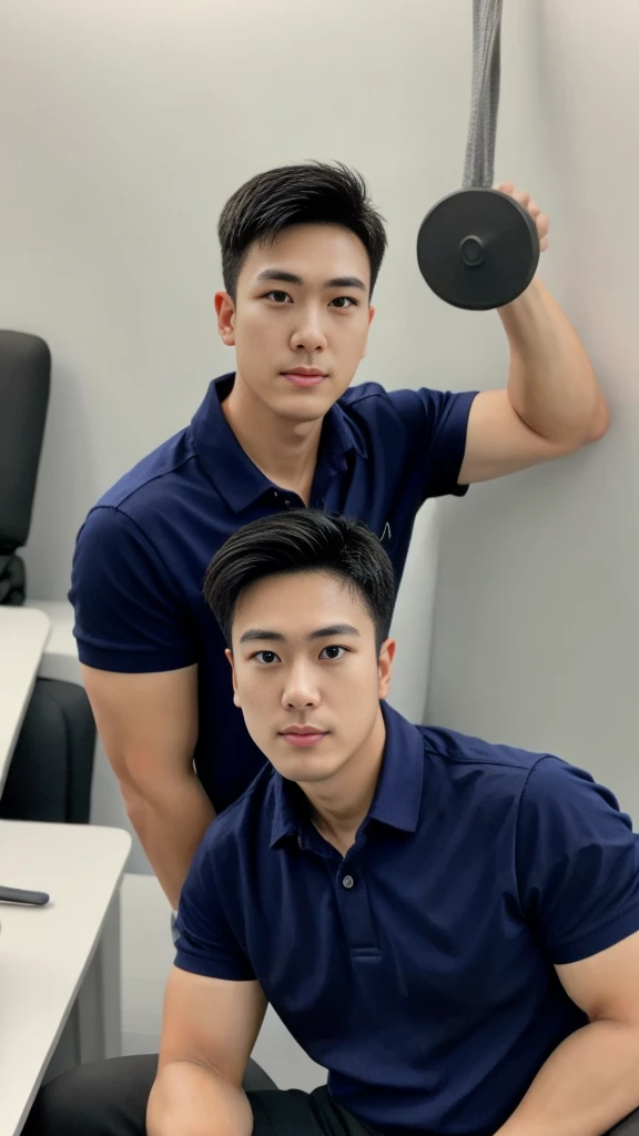 A male police officer in his 20s poses for a group photo., Wear a navy blue polo shirt., high resolution, Masterpiece, best quality, head:1.3,, Smooth and fine skin, clear focus, (movie light), during the night, gentle light, Dynamic angle, (detailed face:1.2), (((exercise))), sport, His arm muscles were very big., hand in crotch, in his office