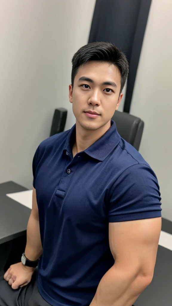 A male police officer in his 20s poses for a group photo., Wear a navy blue polo shirt., high resolution, Masterpiece, best quality, head:1.3,, Smooth and fine skin, clear focus, (movie light), during the night, gentle light, Dynamic angle, (detailed face:1.2), (((exercise))), sport, His arm muscles were very big., hand in crotch, in his office