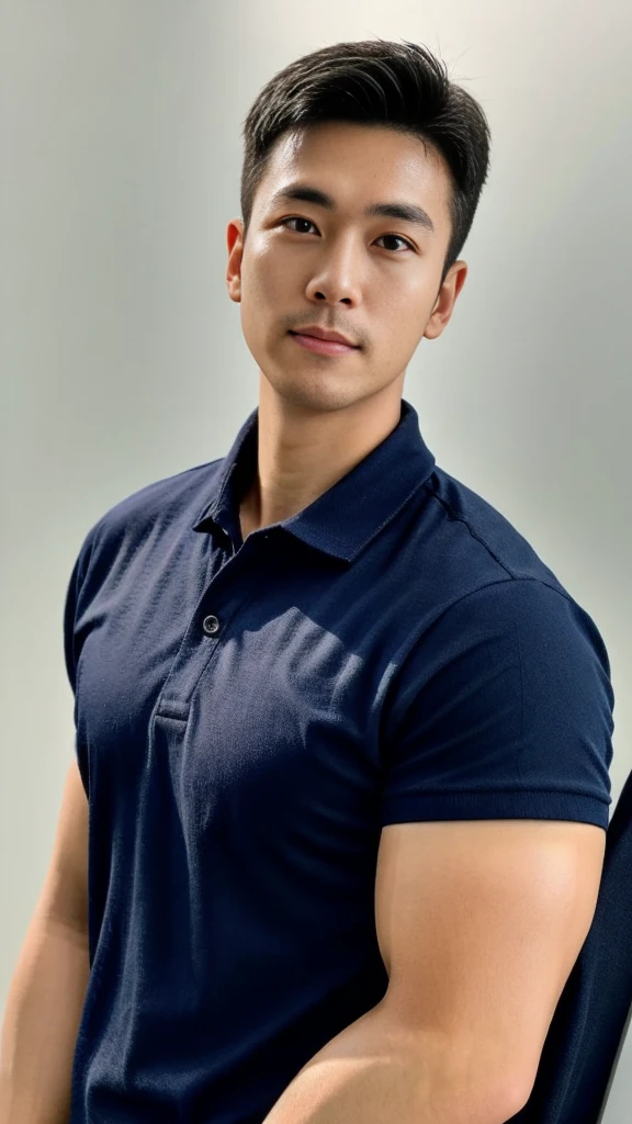 A male police officer in his 20s poses for a group photo., Wear a navy blue polo shirt., high resolution, Masterpiece, best quality, head:1.3,, Smooth and fine skin, clear focus, (movie light), during the night, gentle light, Dynamic angle, (detailed face:1.2), (((exercise))), sport, His arm muscles were very big., hand in crotch, in his office