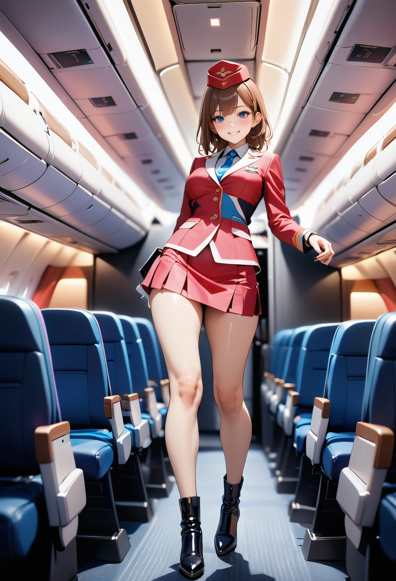 masterpiece,best quality,ultra detailed,8K,super fine illustration,highly detailed beautiful face and eyes,perfect anatomy,professional lighting,1 flight attendant,microskirt and boots uniform,orange and pink dress,smile,airplane interior,dynamic angle,depth of field,chromatic_aberration,masterpiece,best quality,very aesthetic,absurdres,newest,ai-generated,realistic,