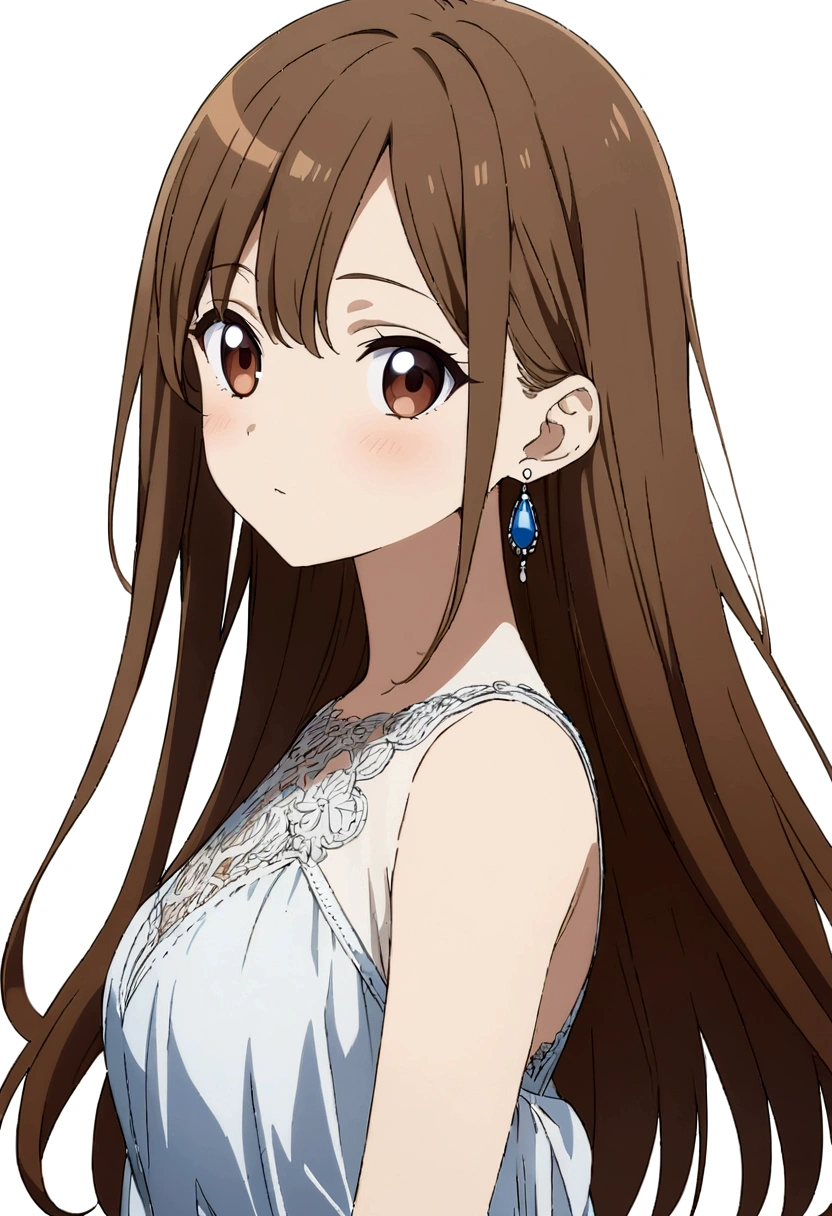 Masterpiece, Best quality, 1 Female,l, young girl, brown eyes color, long hair, smoky mix brown color hair, resolute eyes, white and blue dress, white eardrop, frontal photo, blank background, remove background, anime, illustration