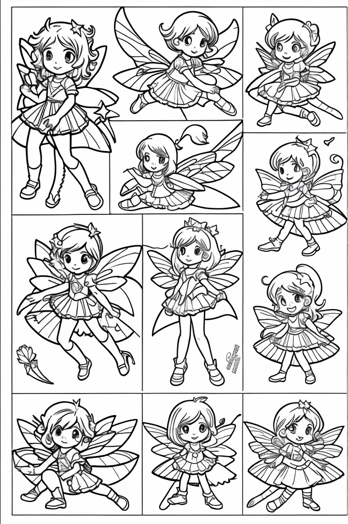 A simple, clear line drawing of fairies on a white background, especially for children to color. The fairies should look happy and playful, with wings and simple details like flowers or stars. Use few shades of grey, so that the picture can be easily colored. minimalist design, suitable for young children