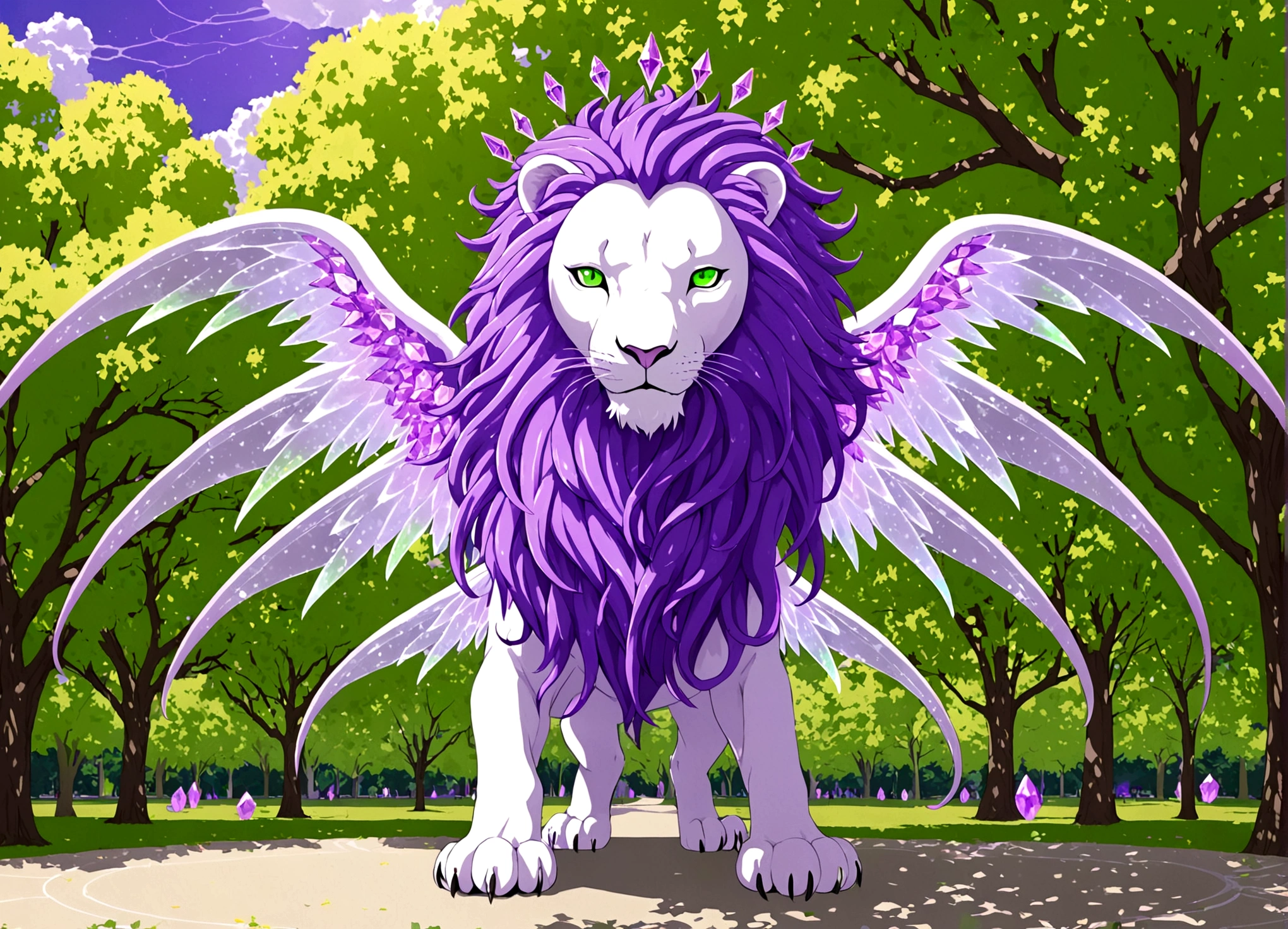 A eldritch angel (central body of a violet lion, 6 pairs of radiant crystal wings, numerous white tentacle eyestalks with neon green eyes) has appeared in a holy corona and approaching the viewer set in a park in daytime
