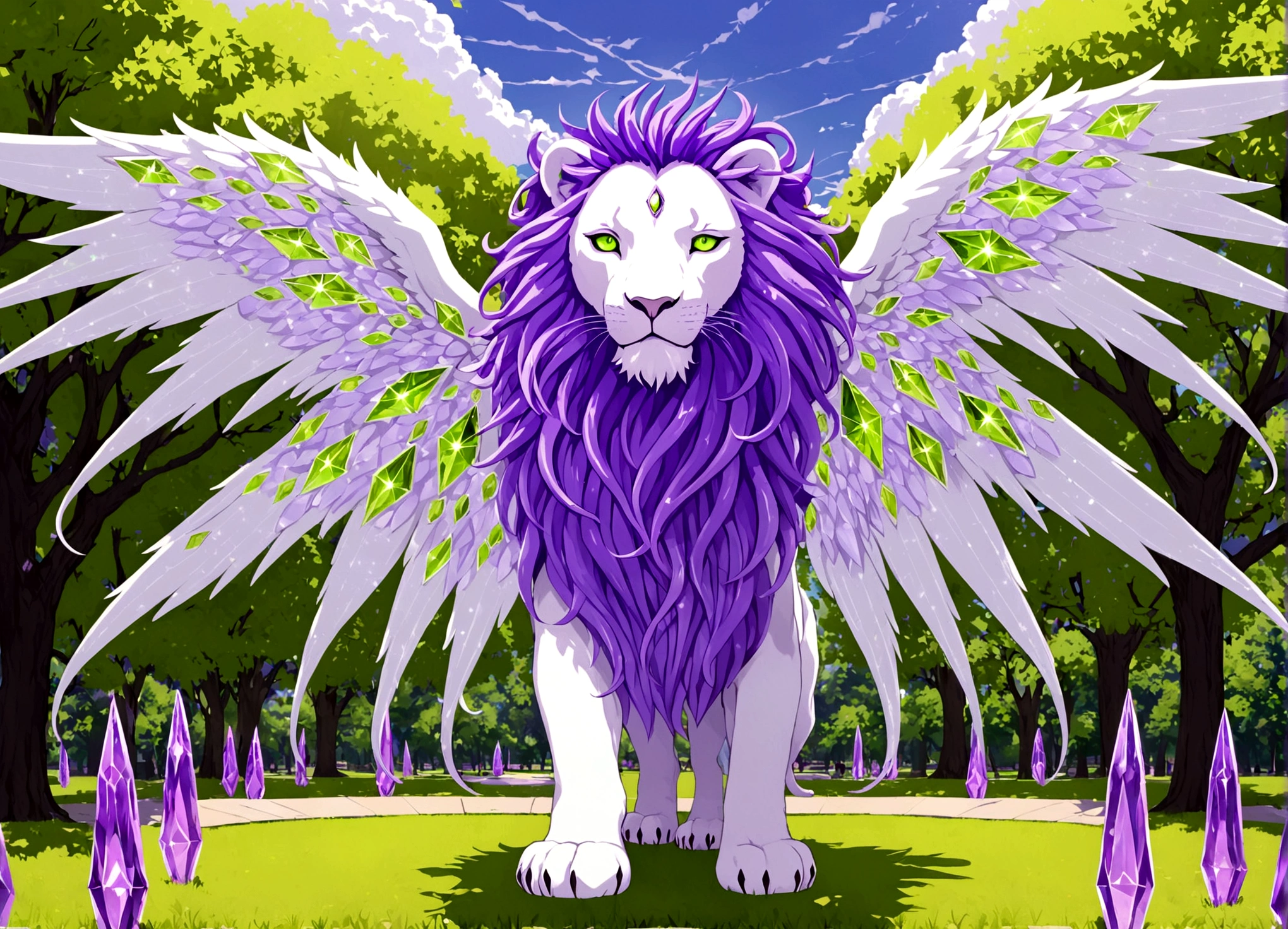 A eldritch angel (central body of a violet lion, 6 pairs of radiant crystal wings, numerous white tentacle eyestalks with neon green eyes) has appeared in a holy corona and approaching the viewer set in a park in daytime