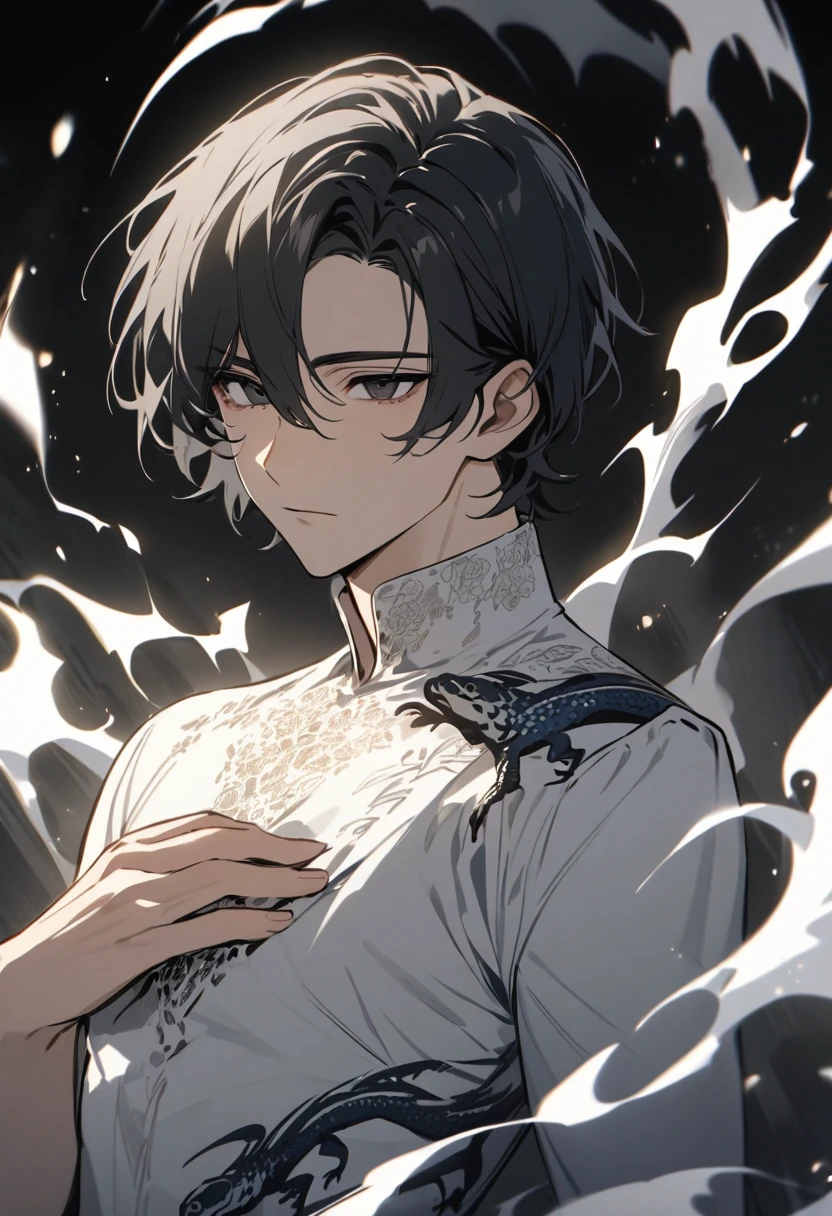 Man, short hair, black hair, black eyes, glowings eyes, black aura, white aura, handsome, high quality and on his chest it's written Milk Lizard