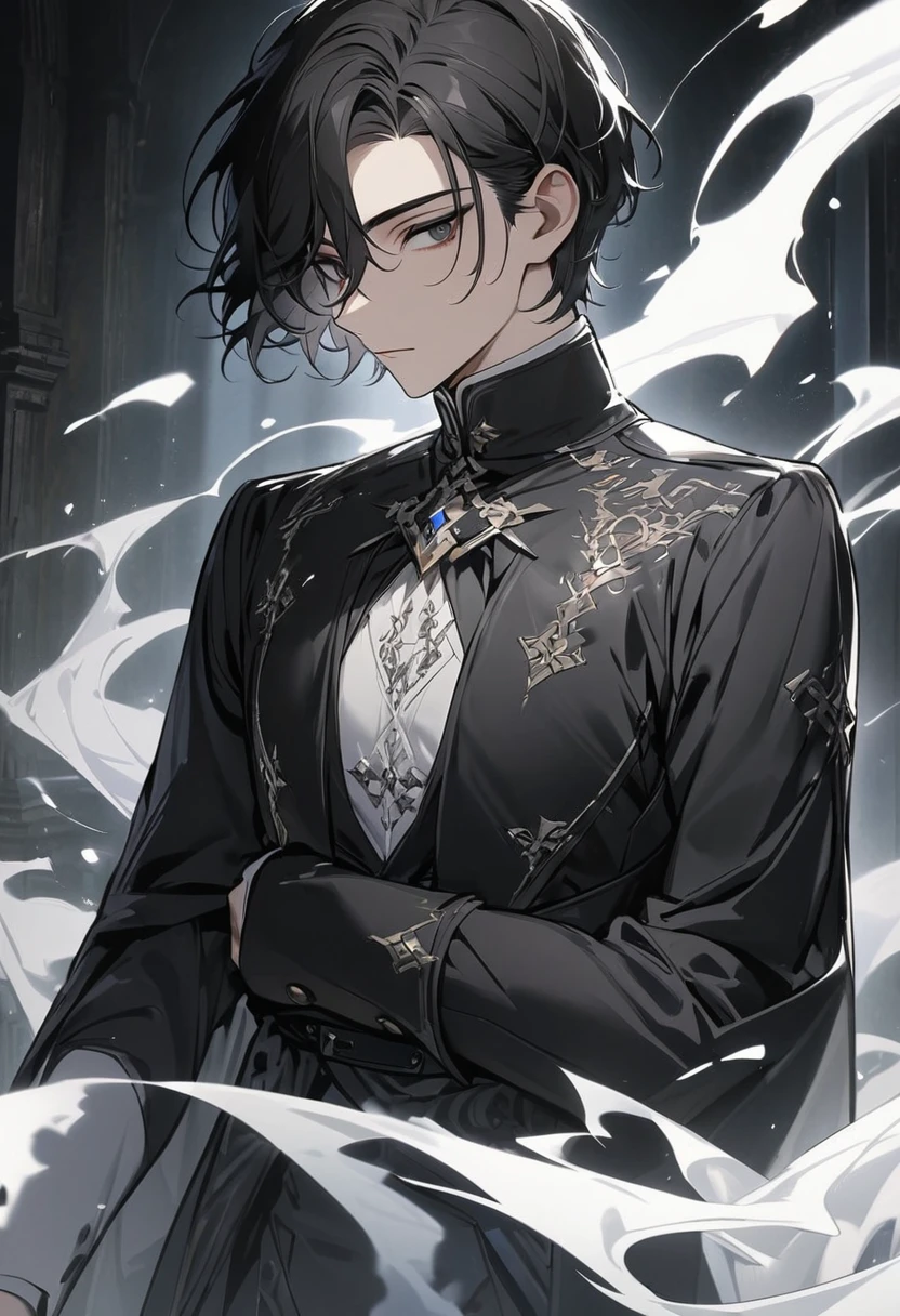 Man, short hair, black hair, black eyes, glowings eyes, black aura, white aura, handsome, high quality and on his chest it's written Milk Lizard
