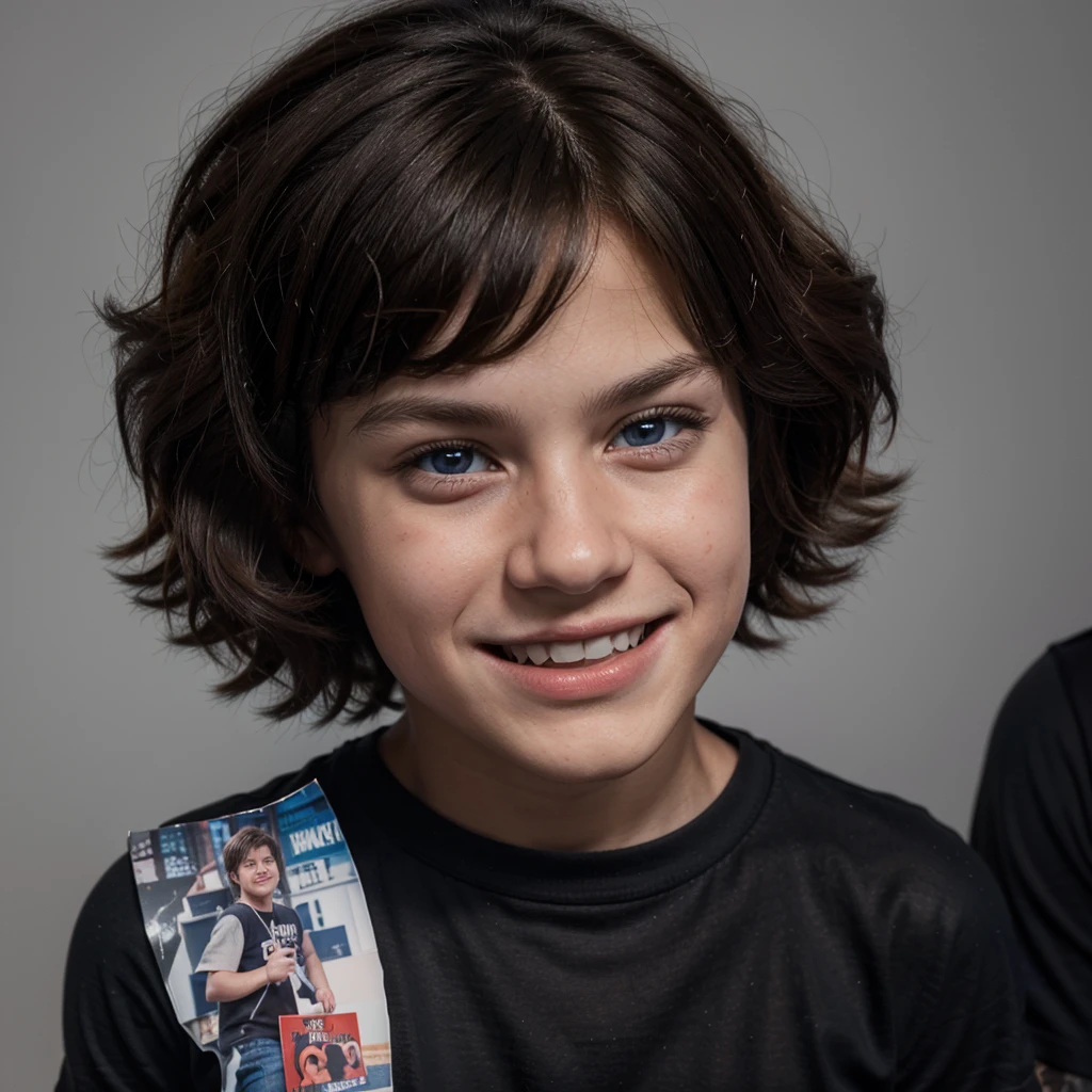 A photo of a handsome 6 Caucasian little bter Parker, brown hair, blue eyes, slim, wearing a black t-shirt with a picture of rock singer Joan Jett, smiling faintly. (Digital 3D artwork)