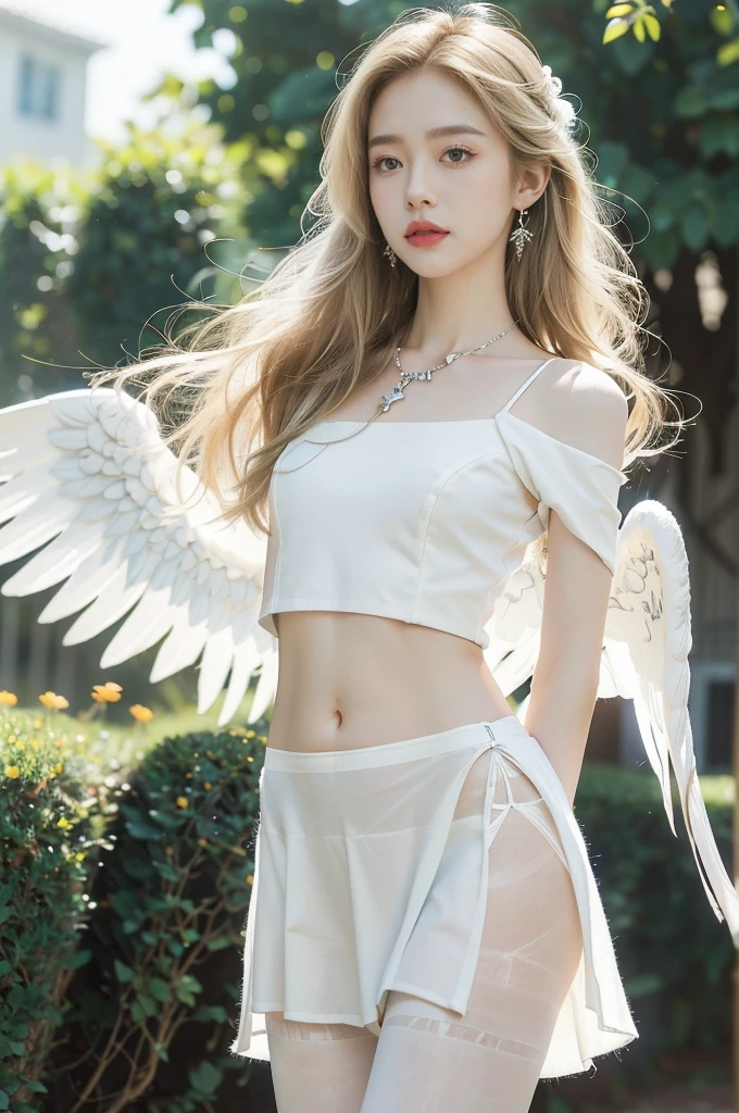 (((best quality))), (((ultra detailed))), (((masterpiece))), illustration,((1 beautiful ,solo,angel)),((fair skin,shoulder length straight blonde hair,blue eyes)),(earrings,crystal necklace),((slim,thin,small breasts,flat chest)),joyful expression,(white wings:1.3),(flowing short-sleeved white sheer dress:1.3),((In heaven, garden setting)), vibrant flowers,(colorful flowers:1.3),lush grass, gentle breeze, (clear sky, fluffy clouds, shining sun),((navel)),((from front,standing,upper body,arms behind back)),((pantyhose))
