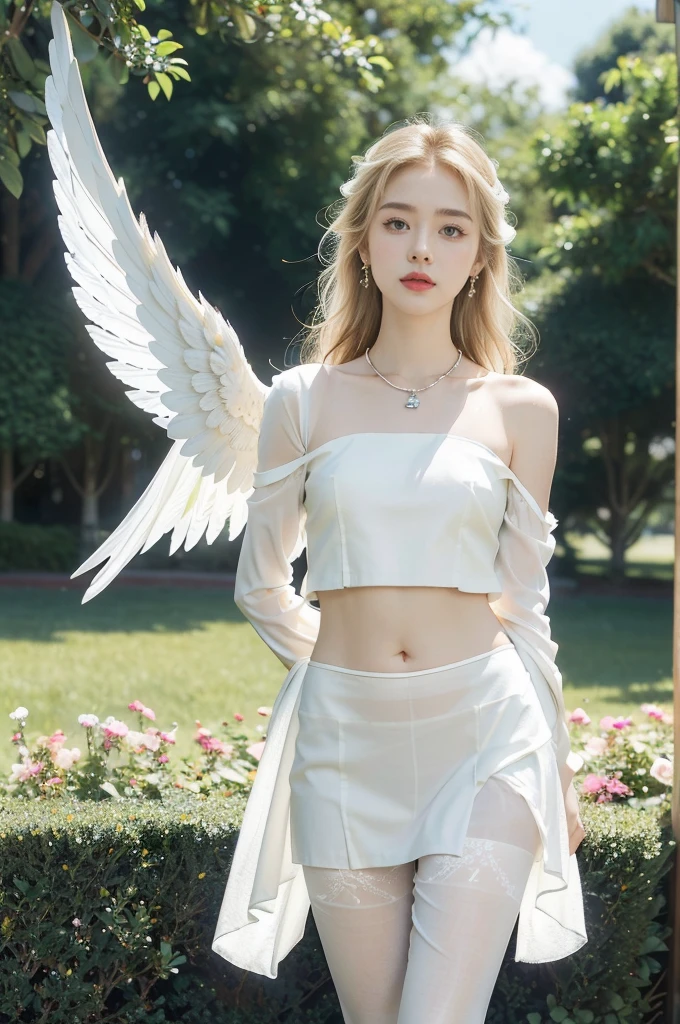 (((best quality))), (((very detailed))), (((masterpiece))), illustration,((1 beautiful ,alone,angel)),((fair skin,shoulder length blonde straight hair,blue eyes)),(earring,Crystal Necklace),((slim,thin)),(((huge breasts,Towering chest,split,under the chest))),happy expression,(white wings:1.3),(Flowing short-sleeve white see-through dress:1.3),((In Heaven, garden setting)), vibrant flowers,(colorful flowers:1.3),lush grass, Breeze, (clear sky, fluffy clouds, shining sun),((navel)),((in front,standing,upper body,arms back)),((pantyhose))