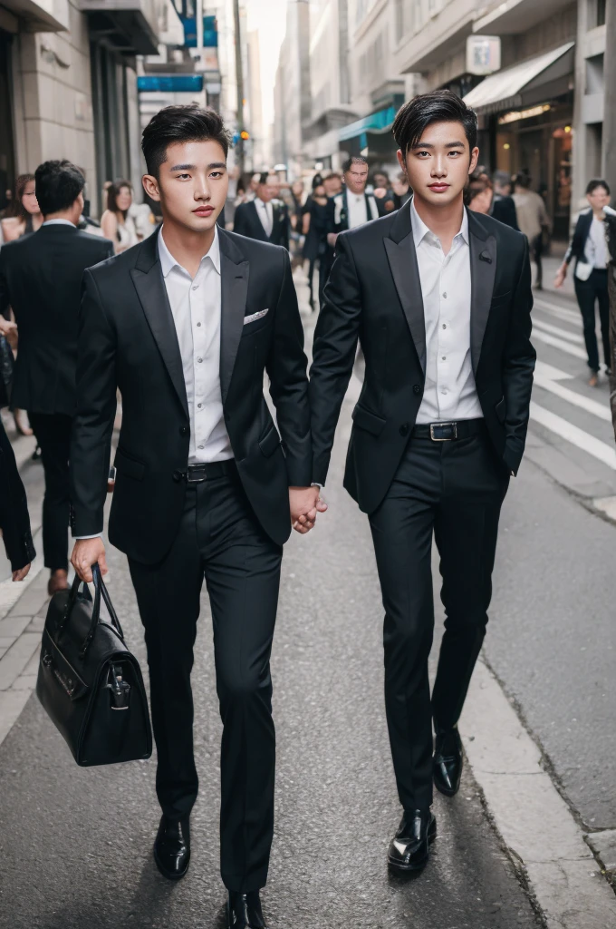 Asian male model on the street，The wedding car is very cool.，best quality，SLR，business suit