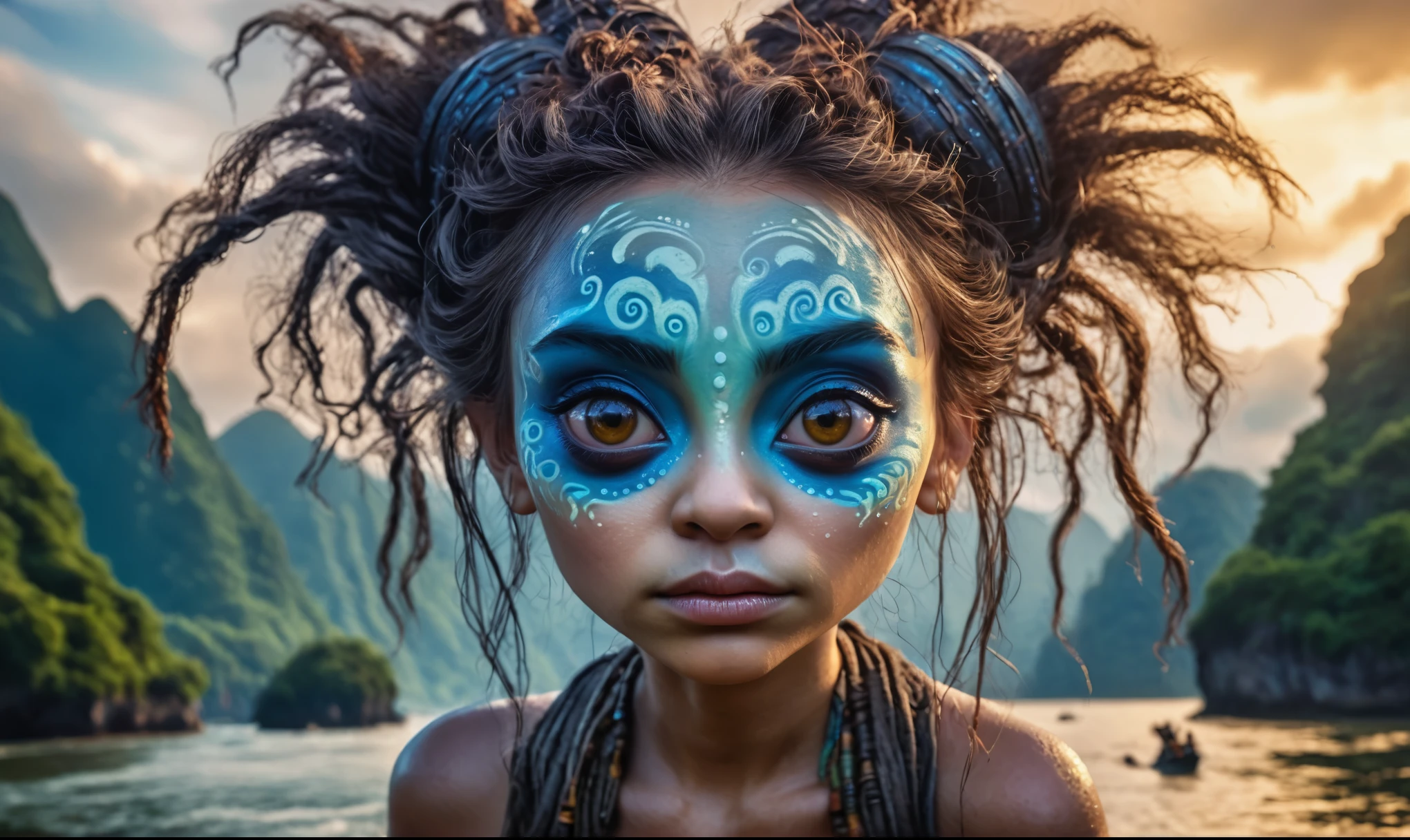 view from height,full-body-shot,niobium The Alien Entity Moana, sassiness temper,natural skin textures, hyper realisitc, hyper detailed,Extremely detailed,High contrast, ,Realistic,Ultra Detailed,intricate details,realistic humid skin,extremely intricate,Epic Realistic, Romantic, cinematic style,irina yermolova, messy hair,luminous eyes,extremely detailed, [night landscape],masterpiece,intricate details,faded,eyes extremely detailed, high detailed eyes,32k resolution, Nikon Z9,orc's village of fishers on Li River in  National Forest Park,full body length,mother-of-bismuth TAUN WE from star wars,ominous landscape,flying islands on background in dangerous atmosphere,intricate details,realistic humid skin,extremely intricate details,anatomically correct,faded,eyes extremely detailed, high detailed eyes,UHD,Retina,HDR,natural skin textures, hyper realism, hyper detailed,High contrast,Realism,Ultra Detailed,irina yermolova,close full body shot, masterpiece,faded,32k resolution, Nikon Z9,sunset, a Tim Burton-inspired dreamscape,Bun Hair,(Folk clothes:1.5)