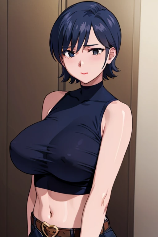 (beautiful detailed eyes, beautiful detailed face, perfect detailed body), mikictr, 1girl, solo, black eyes, short hair, closed mouth, lipstick, blush, large breasts, crop top, no bra, midriff, navel, upper body:1.5, standing, belt, blue short shorts, simple background