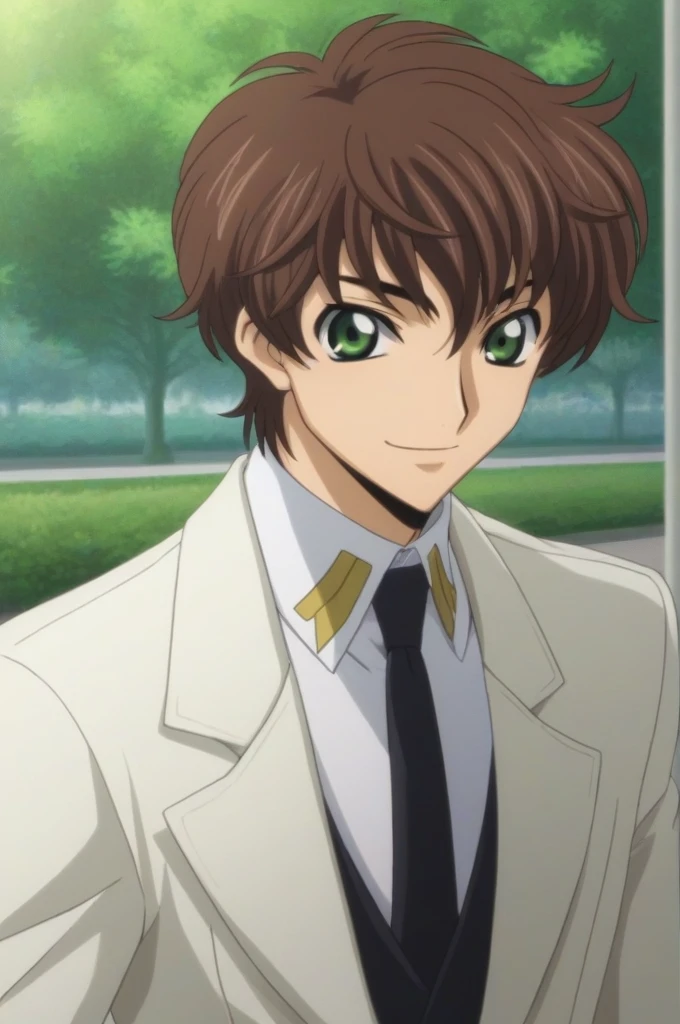 score_9, score_8_up, score_7_up, source_anime, rating_safe, intricate details, semi-realistic, looking at viewer, , 1boy, solo, male focus, suzaku_kururugi, brown hair, green eyes, White suit costume, smile, cute, park, dusk,