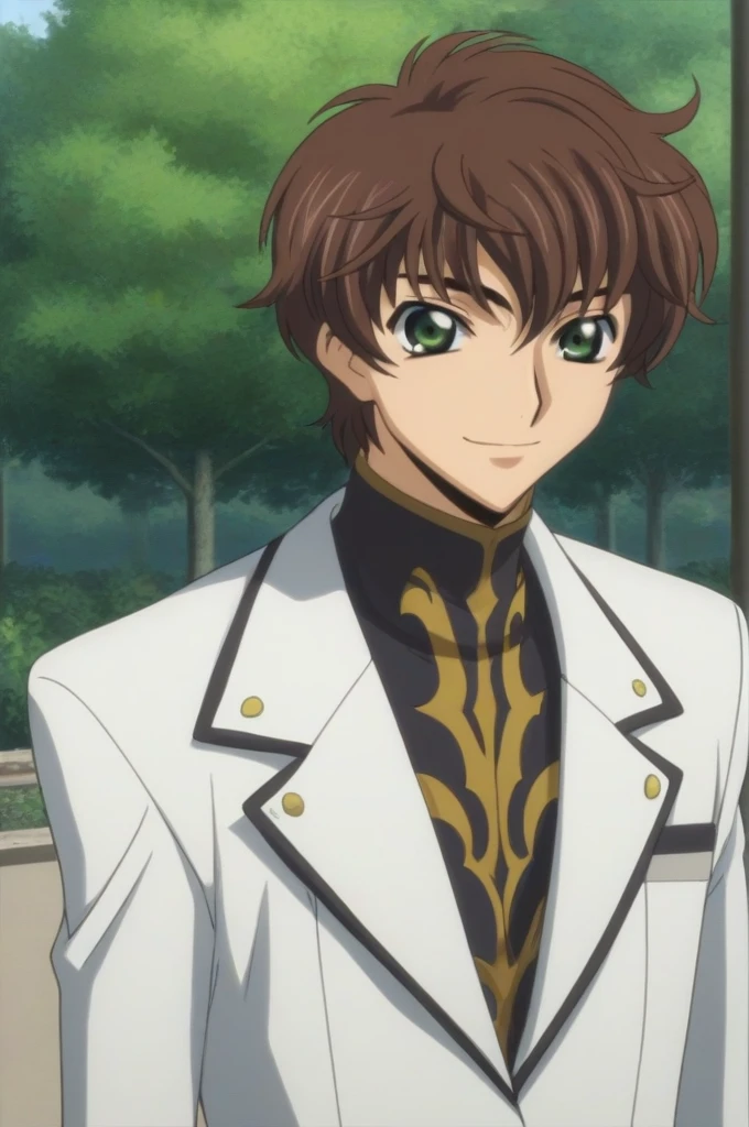 score_9, score_8_up, score_7_up, source_anime, rating_safe, intricate details, semi-realistic, looking at viewer, , 1boy, solo, male focus, suzaku_kururugi, brown hair, green eyes, White suit costume, smile, cute, park, dusk,