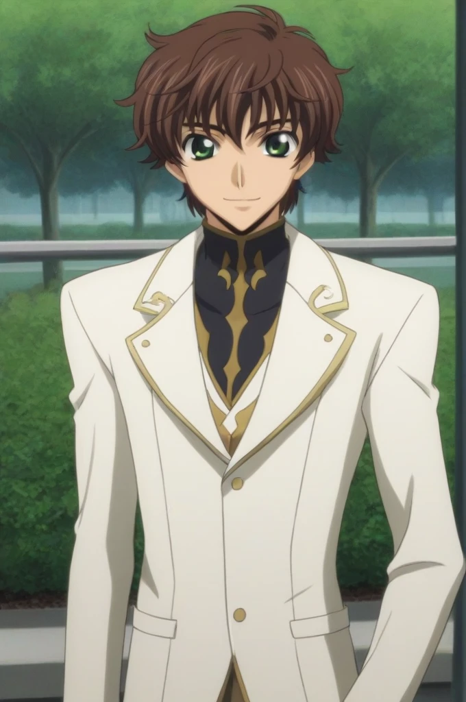 score_9, score_8_up, score_7_up, source_anime, rating_safe, intricate details, semi-realistic, looking at viewer, , 1boy, solo, male focus, suzaku_kururugi, brown hair, green eyes, White suit costume, smile, cute, park, dusk,
