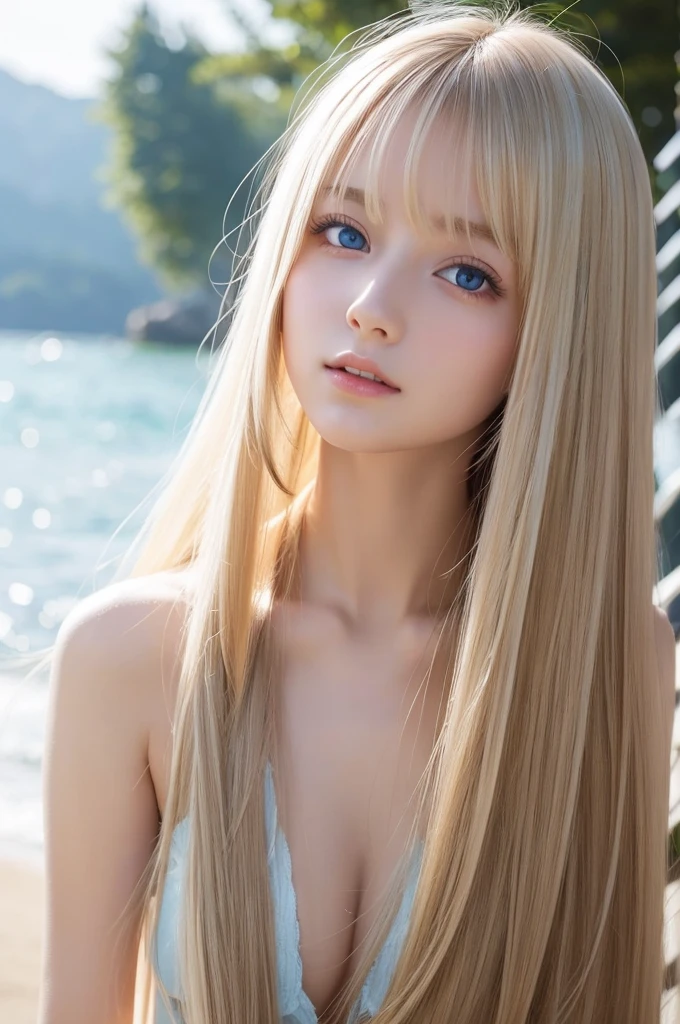 Wind hair clinging to a very beautiful face、Beautiful eyes hidden in hair、Very shiny、Very cute beautiful face、shiny very beautiful skin、So beautiful cute sexy shining beautiful pale light blue eyes、Beautiful very long shiny silky blonde hair、Beautiful swaying bangs、Sexy 18 year old very beautiful girl、Beautiful fece&Cute sexy eyes、Pure white beautiful skin、nude、naked