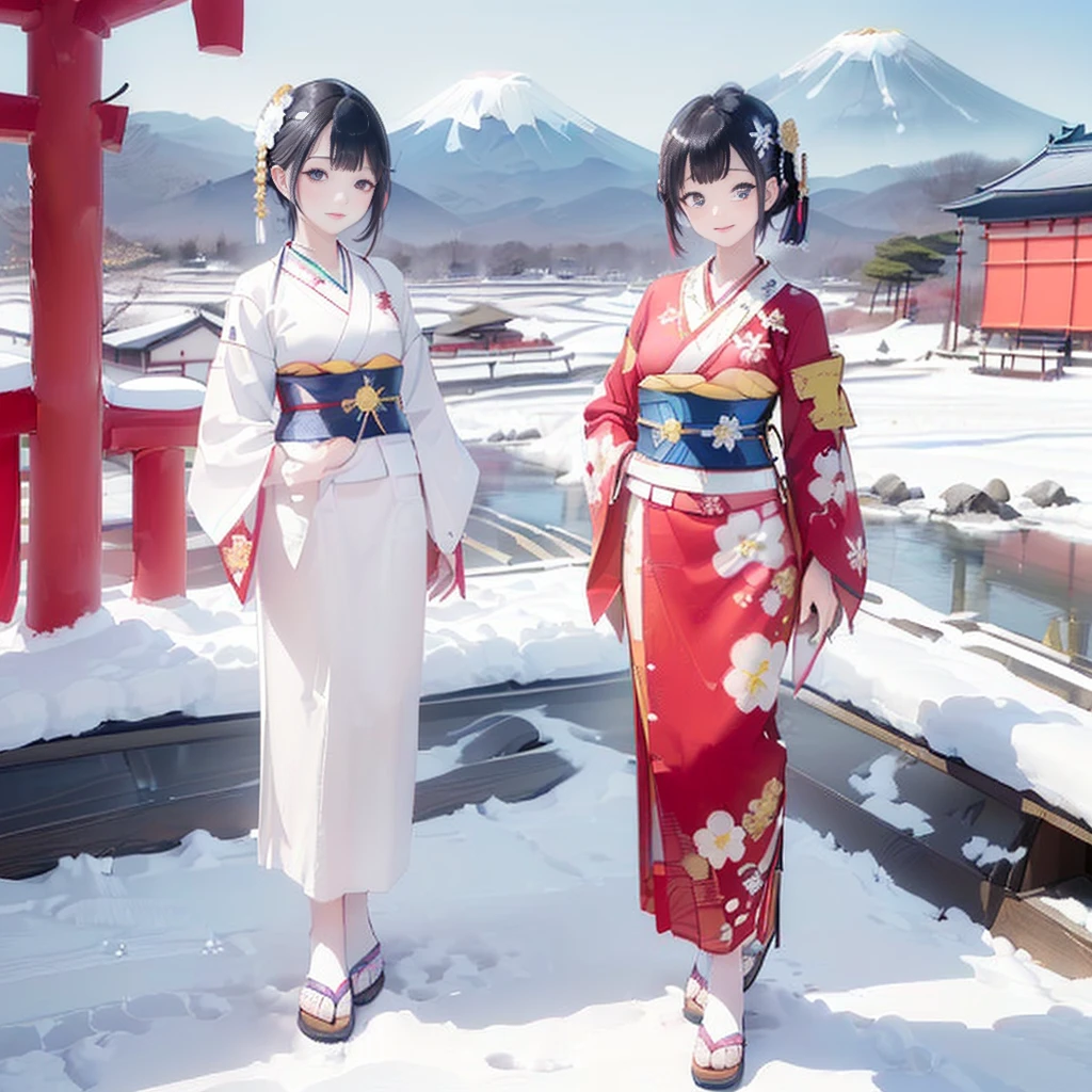 Three Japanese high-school short girls with cute style, 

looking straight ahead and striking a gutsy pose are standing (separately:1.4), side by side, 

wearing a striking(yellow, red, blue, green) kimono with a flower motif, 

(A kimono with floral patterns, particularly on the shoulders and chest:1.7)

(A kimono that completely conceals the chest and shoulders, revealing no skin at all:1.7)



(High-school-girls with a white short scarf, a white feather shawl around her neck:1.5),

 (High-school-girls who are almost the same height:1.7),

(Japanese kimono:1.7),(innocent and pure high-school short girls:1.7),


((too much smile)), very cute, face, head and waist fully visible, 

upper arms hidden by clothes and hair, 

(only one well-shaped beautiful mount Fuji is completely covered with white snow from top to bottom:1.5), 

(vermilion shrine entrance:1.2), very thick and large pine trees, winter(season),

 Snow is accumulating on the roof and pine trees. ,(outdoors:1.5),