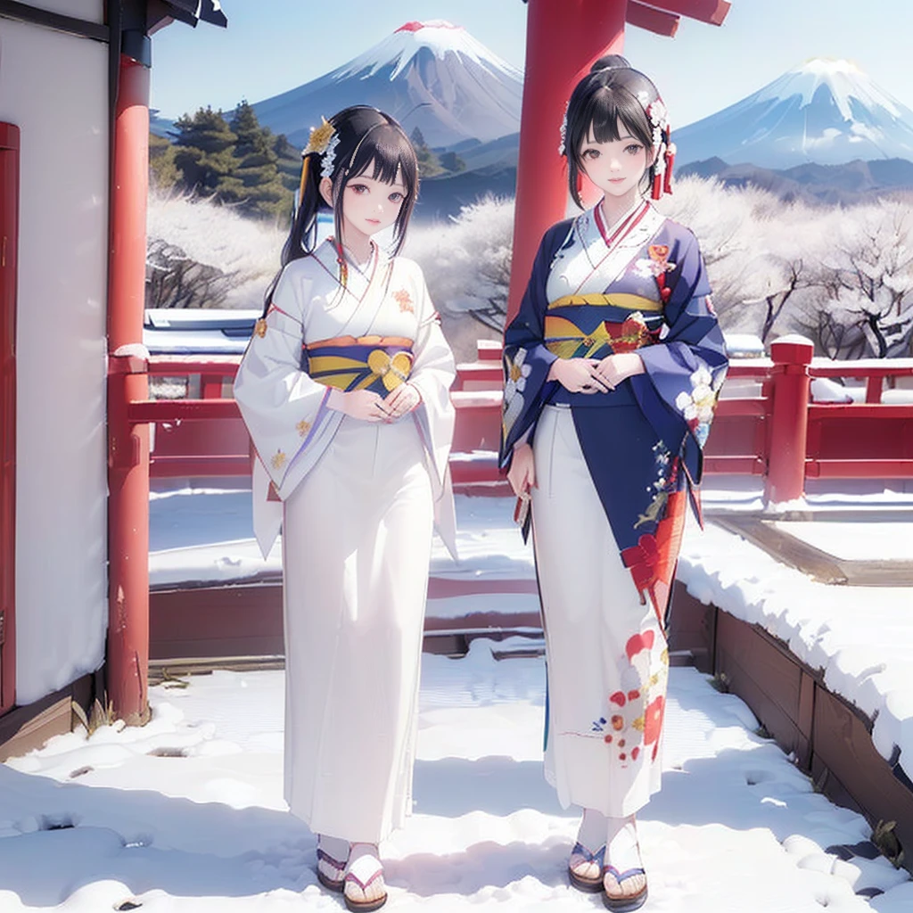 Three Japanese high-school short girls with cute style, 

looking straight ahead and striking a gutsy pose are standing (separately:1.4), side by side, 

wearing a striking(yellow, red, blue, green) kimono with a flower motif, 

(A kimono with floral patterns, particularly on the shoulders and chest:1.7)

(A kimono that completely conceals the chest and shoulders, revealing no skin at all:1.7)



(High-school-girls with a white short scarf, a white feather shawl around her neck:1.5),

 (High-school-girls who are almost the same height:1.7),

(Japanese kimono:1.7),(innocent and pure high-school short girls:1.7),


((too much smile)), very cute, face, head and waist fully visible, 

upper arms hidden by clothes and hair, 

(only one well-shaped beautiful mount Fuji is completely covered with white snow from top to bottom:1.5), 

(vermilion shrine entrance:1.2), very thick and large pine trees, winter(season),

 Snow is accumulating on the roof and pine trees. ,(outdoors:1.5),