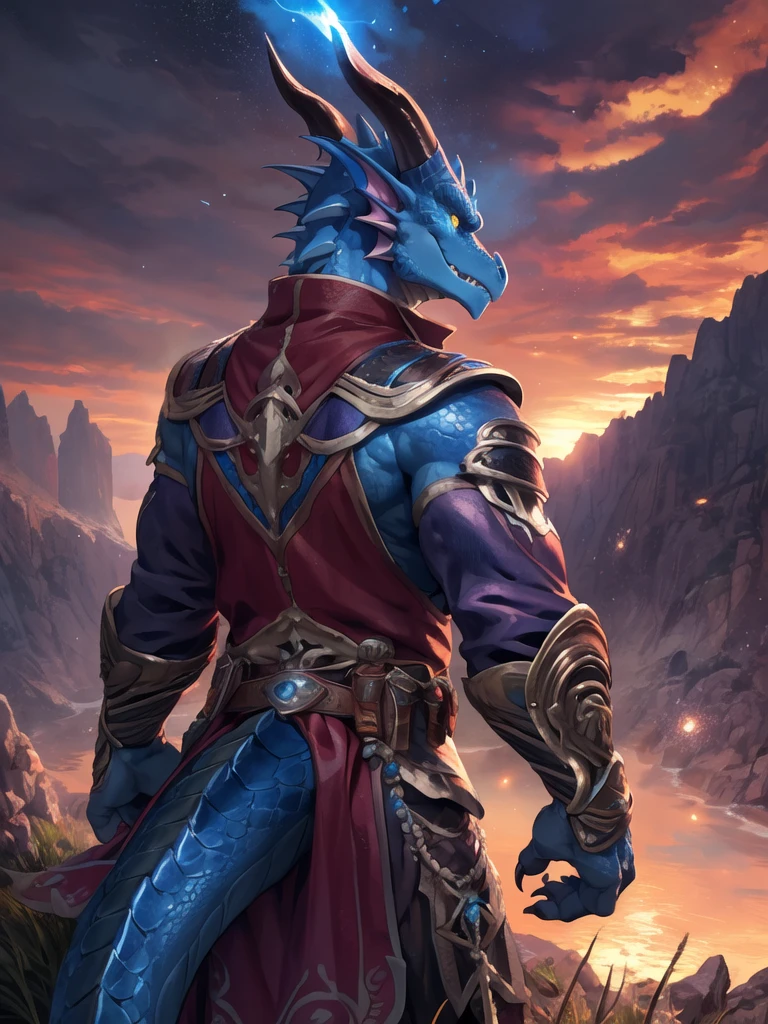 solo, male, mature male, (male anthro dragon:1.3), (blue body:1.1), (standing:1.3), (kemono:1.2), (sunset:1.23), armor, (robe), (looking back:1.2), raised head, (rear view), landscapes, cliff, dawn, horizon, detailed eyes, portrait, dragon tail, horn, (detailed eyes), (outside:1.35), grass, hill, (cloud), (particles ,firefly, blue glowing:1.3), detailed background, 8k hd, (dark shadows, wide dynamic range, hdr, low light:1.2), by Pino Daeni, barazoku, [by dagasi, by zixiong], cygames, by null-ghost, (scenery)