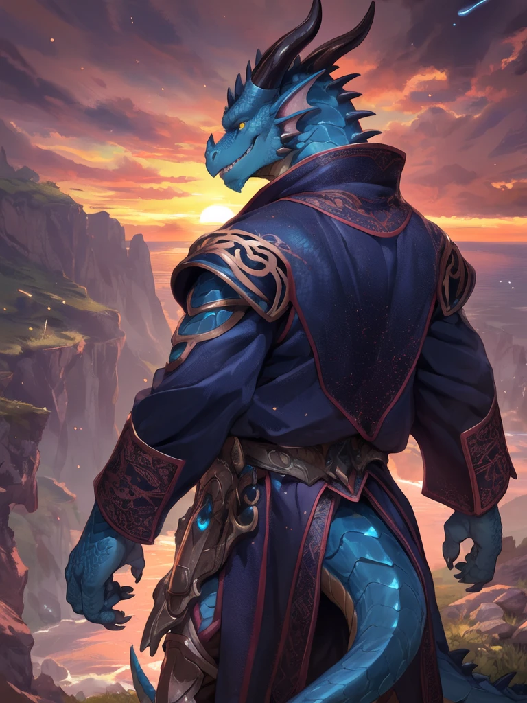 solo, male, mature male, (male anthro dragon:1.3), (blue body:1.1), (standing:1.3), (kemono:1.2), (sunset:1.23), armor, (robe), (looking back:1.2), raised head, (rear view), landscapes, cliff, dawn, horizon, detailed eyes, portrait, dragon tail, horn, (detailed eyes), (outside:1.35), grass, hill, (cloud), (particles ,firefly, blue glowing:1.3), detailed background, 8k hd, (dark shadows, wide dynamic range, hdr, low light:1.2), by Pino Daeni, barazoku, [by dagasi, by zixiong], cygames, by null-ghost, (scenery)