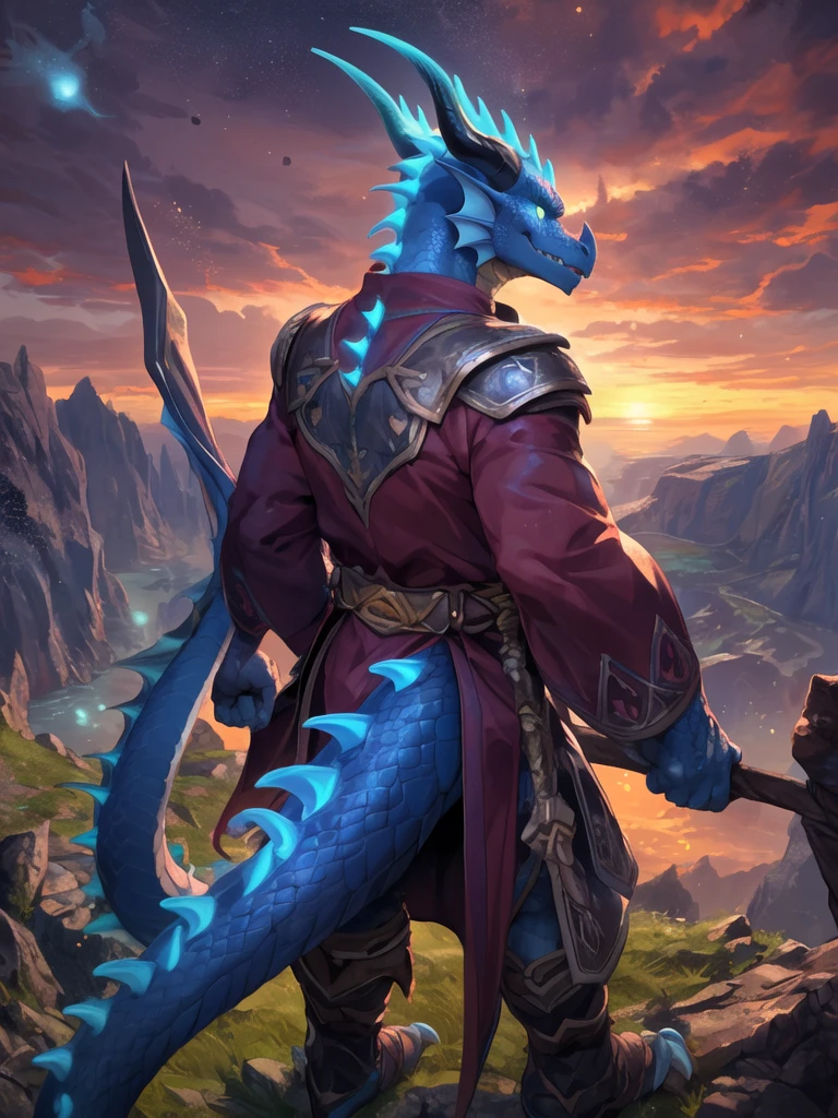 solo, male, mature male, (male anthro dragon:1.3), (blue body:1.1), (standing:1.3), (kemono:1.2), (sunset:1.23), armor, (robe), (looking back:1.2), raised head, (rear view), landscapes, cliff, dawn, horizon, detailed eyes, portrait, dragon tail, horn, (detailed eyes), (outside:1.35), grass, hill, (cloud), (particles ,firefly, blue glowing:1.3), detailed background, 8k hd, (dark shadows, wide dynamic range, hdr, low light:1.2), by Pino Daeni, barazoku, [by dagasi, by zixiong], cygames, by null-ghost, (scenery)