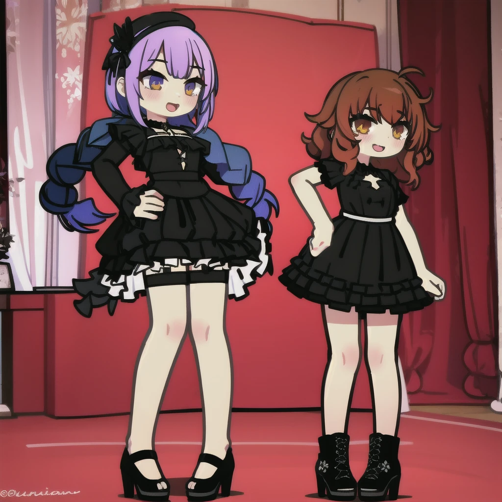 1 girl, short fibers, Curly hair, black dress, fitting dress, Short dress, High heel shoes, sexy poses