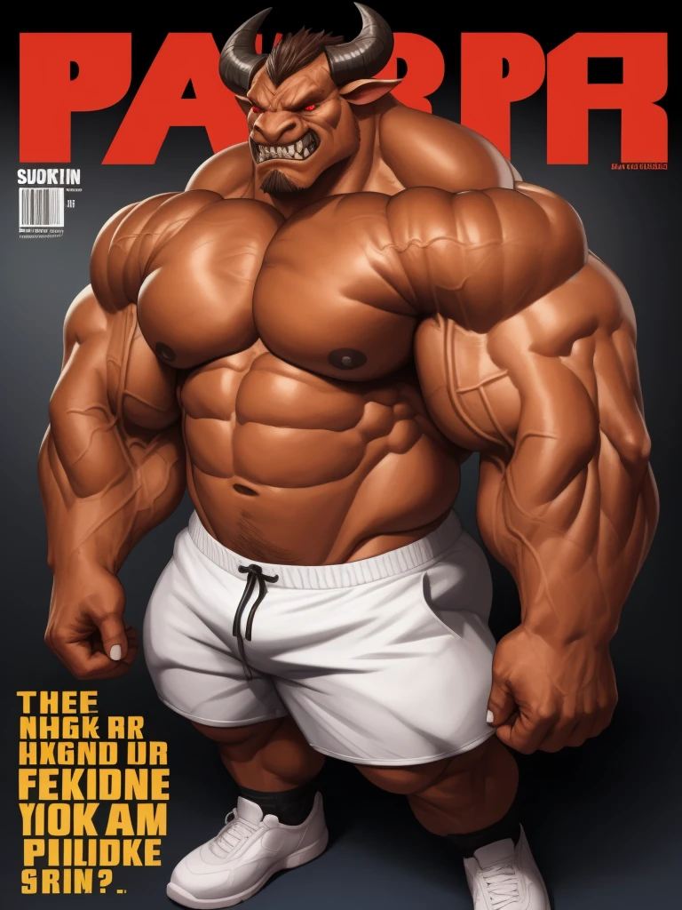 Magazine cover. solo, 1boy, perfect anatomy,devil, ground view, wrinkles skin, high shoot, down view, perfect proportion, huge horn, sharp teeth, tusk, sharp eyes, big eyes, angry, red eyes, horn, mad, perfect fingers, big hand, fingers. Huge Muscular Old man with short hair, shoes ,(white shorts), view from side, pectoral, thick arms, huge pectoral, wide pectoral, white hair, white beards, simple background, masterpiece, semirealistic:1.2, high detailed, 8k, high resolution, perfect center, full view. ((really big muscle, massive muscular, sixpack, thick arms, wide pectoral, super huge muscle, hyper muscular, over sized muscle, huge arms, big arms, huge pectoral))