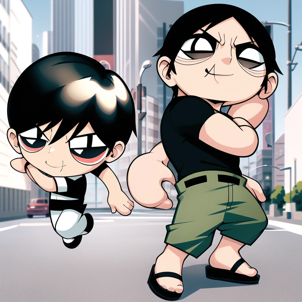 fushiguro toji, muscular male, black shirt, short sleeves, pants, cute smile, full body, 1boy , chibi, black hair, background,