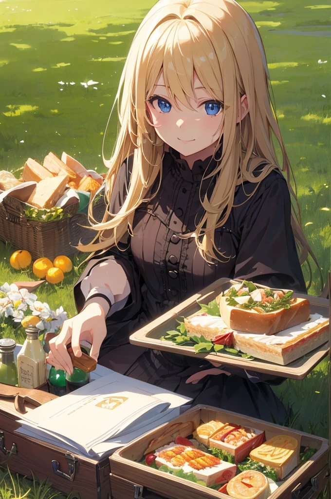 Artwork, ((Highest quality)), High resolution, 8K, Cinematic Light, High Contrast, Written boundary depth, Blonde Hair、sandwich、A happy smile、Strong brilliance, Detailed Background, One Girl, cute, Picnic on the lawn at daytime、fine grain, Shining Eyes, Detailed Iris
