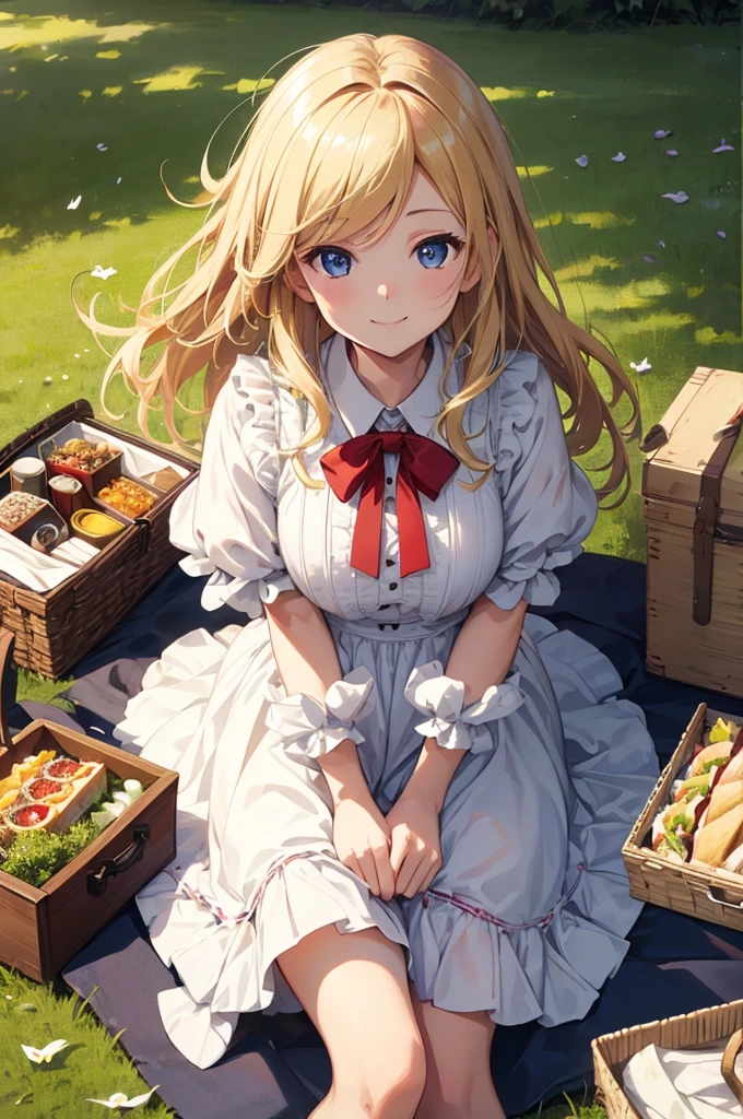 Artwork, ((Highest quality)), High resolution, 8K, Cinematic Light, High Contrast, Written boundary depth, Blonde Hair、sandwich、A happy smile、Strong brilliance, Detailed Background, One Girl, cute, Picnic on the lawn at daytime、fine grain, Shining Eyes, Detailed Iris