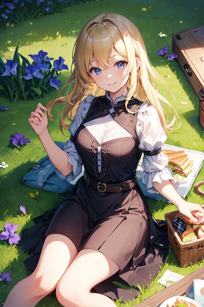 Artwork, ((Highest quality)), High resolution, 8K, Cinematic Light, High Contrast, Written boundary depth, Blonde Hair、sandwich、A happy smile、Strong brilliance, Detailed Background, One Girl, cute, Picnic on the lawn at daytime、fine grain, Shining Eyes, Detailed Iris