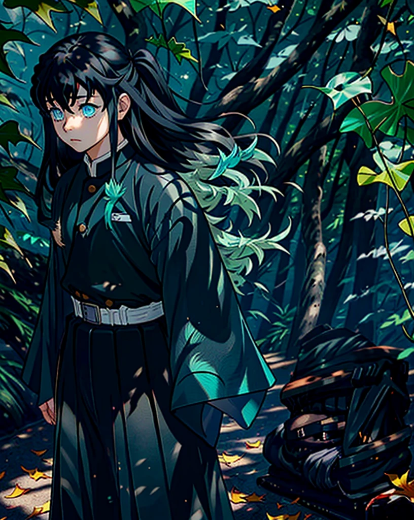 tokitou muichirou, 1boy, male focus, demon slayer uniform, long hair,  leaf, japanese clothes, long sleeves, cloud,  sky,  standing, hakama, tabi,  falling leaves, belt,  outdoors, crow, day, blue sky, wide sleeves,  belt, hakama pants, two-tone hair,  black hair, bangs, aqua eyes,  sidelocks, pants, black jacket, sleeves past wrists, nature, ginkgo leaf, autumn leaves,  cowboy shot,  solo person, clear image, no blur