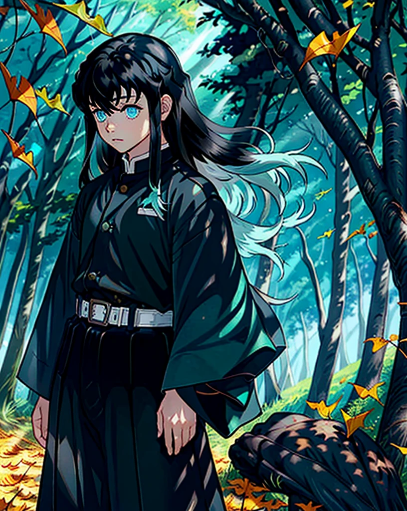 tokitou muichirou, 1boy, male focus, demon slayer uniform, long hair,  leaf, japanese clothes, long sleeves, cloud,  sky,  standing, hakama, tabi,  falling leaves, belt,  outdoors, crow, day, blue sky, wide sleeves,  belt, hakama pants, two-tone hair,  black hair, bangs, aqua eyes,  sidelocks, pants, black jacket, sleeves past wrists, nature, ginkgo leaf, autumn leaves,  cowboy shot,  solo person, clear image, no blur