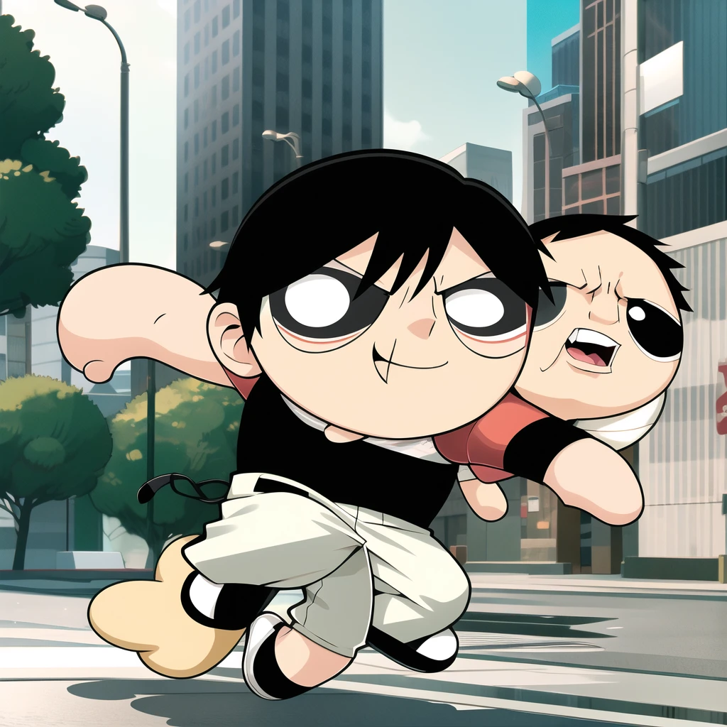 fushiguro toji, muscular male, black shirt, short sleeves, pants, cute smile, full body, 1boy , chibi, black hair, background,