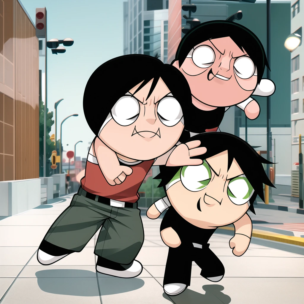 fushiguro toji, muscular male, black shirt, short sleeves, pants, cute smile, full body, 1boy , chibi, black hair, background,