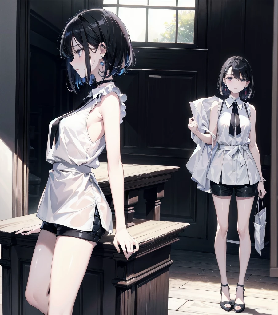 absurdres, RAW photo, extremely delicate and beautiful, masterpiece, Best Quality, ultra high resolution, 32k, hyperrealistic, ultra-detailed, in her 20s, delicate facial features, tearful mole, earring, medium breasts, full body shot, shorter middle hair, black hair, Sleeveless collar shirt, shorts,