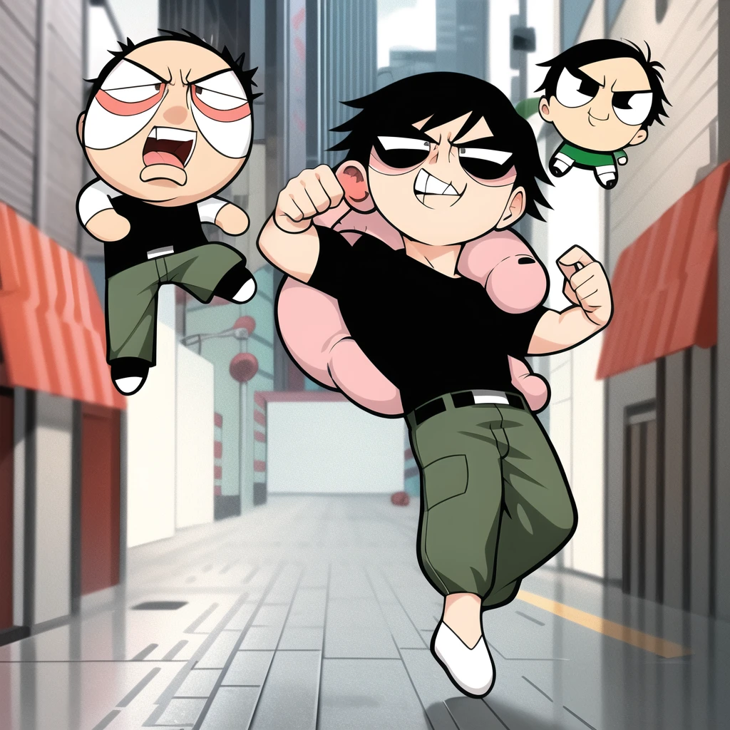 fushiguro toji, muscular male, black shirt, short sleeves, pants, cute smile, full body, 1boy , chibi, black hair, background,