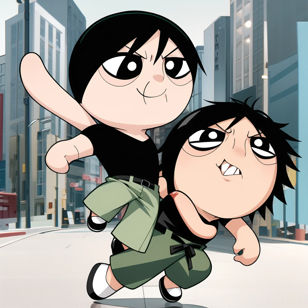 fushiguro toji, muscular male, black shirt, short sleeves, pants, cute smile, full body, 1boy , chibi, black hair, background,