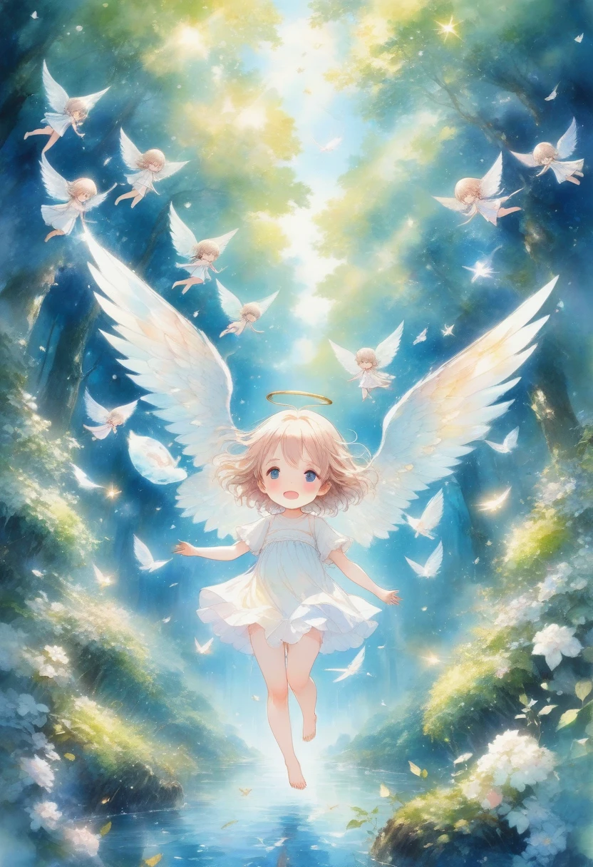 score_9, score_8_up, score_7_up, score_6_up, score_5_up, score_4_up, source_anime, 2.5D, fusion of watercolors and oil paintings, chibi, cute flying angels, heavenly forests, beautiful landscapes, soft and gentle effects, vivid and pastel colors