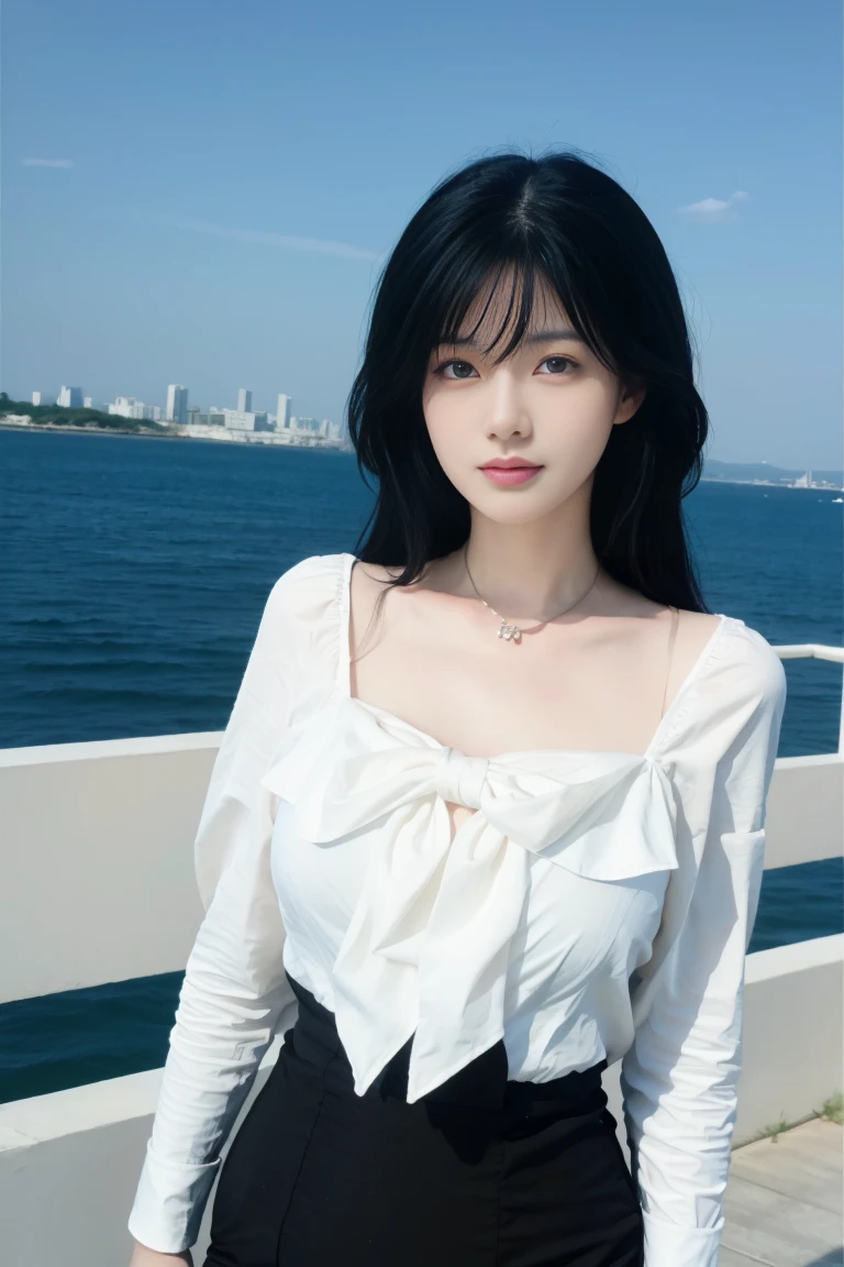 best quality, tmasterpiece,Ultra-high resolution,Clear face,（Reality：1.4），ferpect lighting，(upper body shot;1.3), (photorealistic:1.50), anime wallpaper, Guviz style artwork, cover-up fantasy up to magic , by Yang J, Guviz, beautiful artwork illustration, beautiful digital artwork, beautiful digital illustration, Li Song, beautiful anime portrait, art style in Beauvot,1girl,black hair,outdoors,(front:1.3),(standing:1.3),seaside,cloudy sky,cowboy_shot,
Sweet girl clothes5,high-waist skirt, indoor,