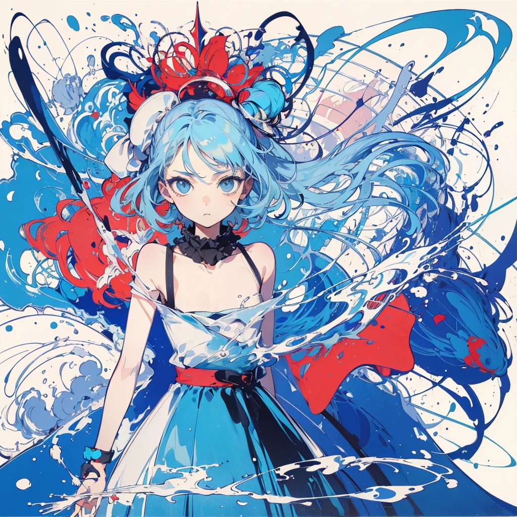 (masterpiece, highest quality, official art:1.2), (flat color:1.5),(colorful),Contemporary Art、light blue hair、light blue eyes、looking at the viewer,((1 girl)),alone, white background, floating colorful water,(2D:1.5)