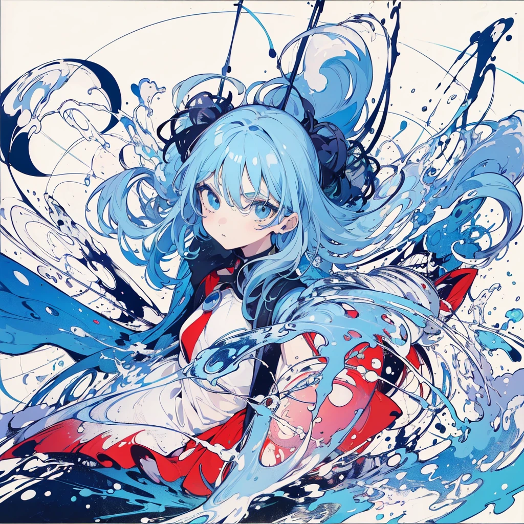 (masterpiece, highest quality, official art:1.2), (flat color:1.5),(colorful),Contemporary Art、light blue hair、light blue eyes、looking at the viewer,((1 girl)),alone, white background, floating colorful water,(2D:1.5)