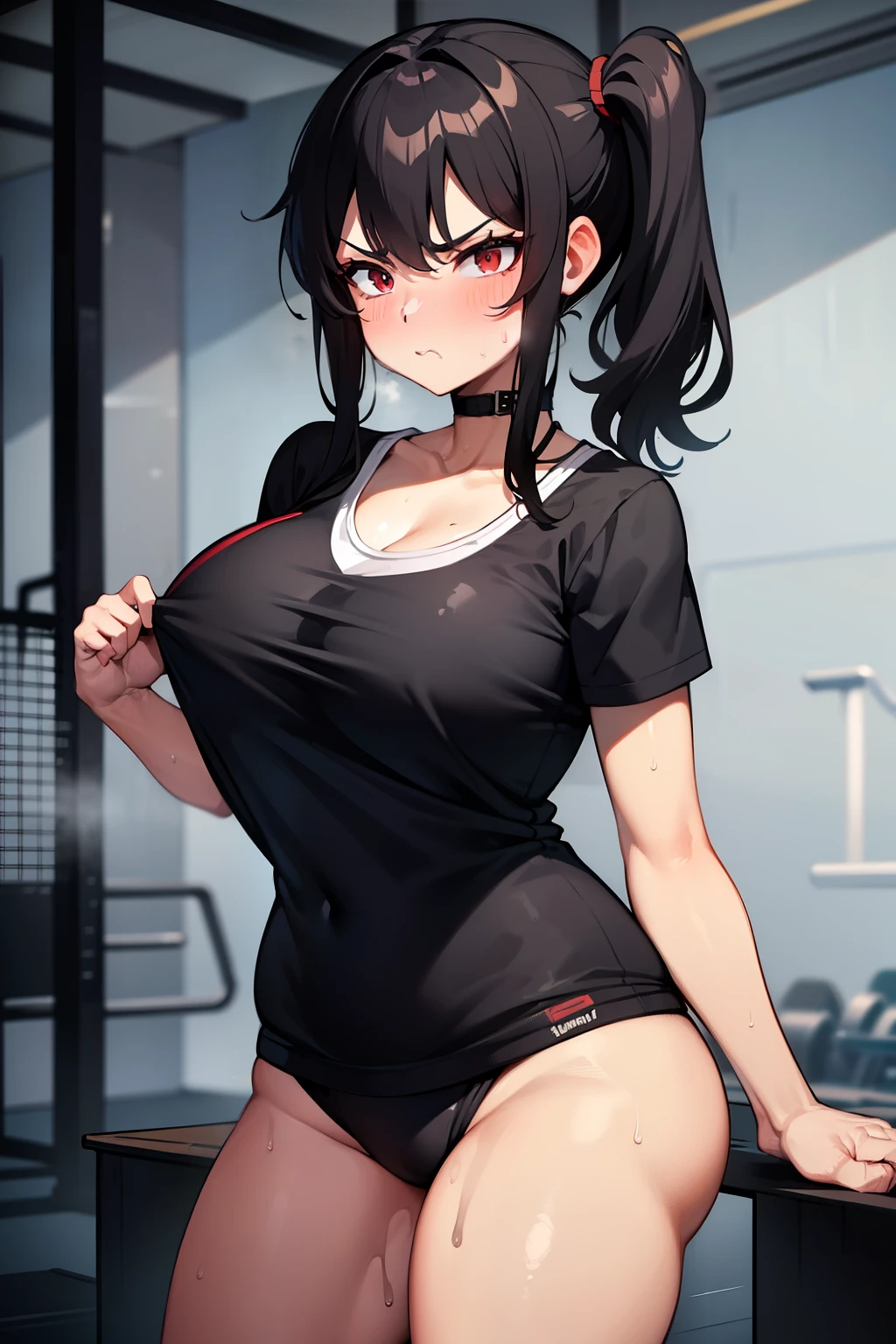 masterpiece), gym, in gym, best quality, expressive eyes, perfect face, Best quality, black hair, side ponytail, sweating, sweaty, big , gym, pouting , black gym outfit, dark school outfit , red eyes, curvy women, short woman, tan skin,pouting, angry, anoyed, in gym