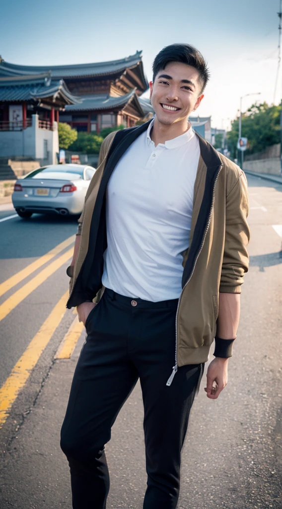 Masterpiece, best quality best, 1 young man, Asian man, East Asian people, one person, The muscles are in good proportion., Posing obscenely, short hair details,smile, white teeth, jacket set, road background, Realistic style,photography,Can be seen from the front, see viewers