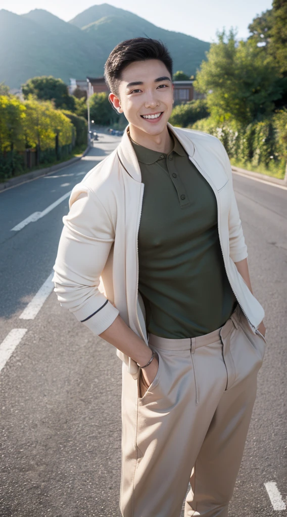 Masterpiece, best quality best, ung man, Asian man, East Asian people, one person, The muscles are in good proportion., Posing obscenely, short hair details，smile, white teeth, jacket set, road background, Realistic style，photography，Can be seen from the front, see viewers