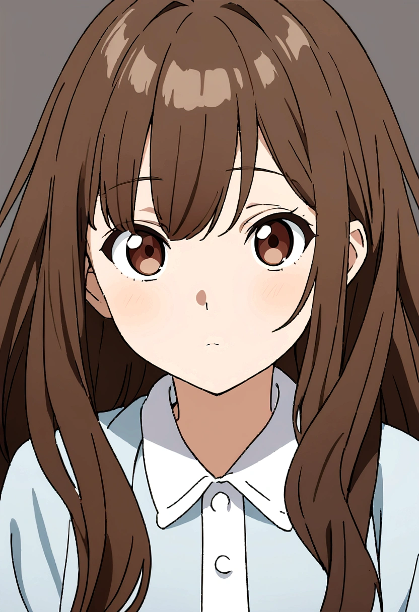 Masterpiece, Best quality, 1 Female,l, young girl, brown eyes color, long hair, smoky mix brown color hair, resolute eyes, white and blue dress, white eardrop, frontal photo, blank background, remove background, anime, illustration