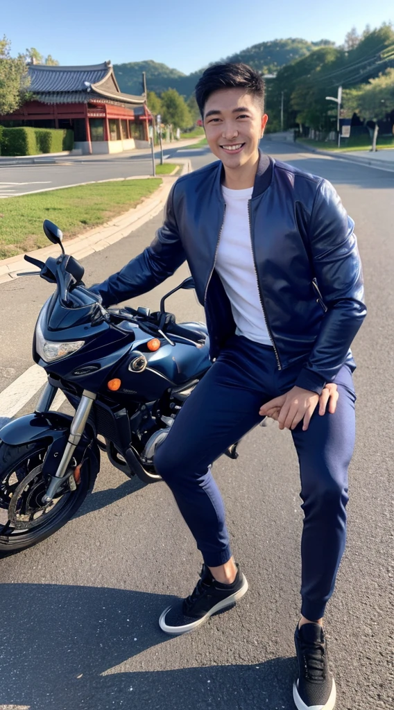 Masterpiece, best quality best, ung man, Asian man, East Asian people, one person, The muscles are in good proportion., Posing obscenely, short hair details,smile, white teeth, jacket set, road background, Realistic style,photography,Can be seen from the front, see viewers