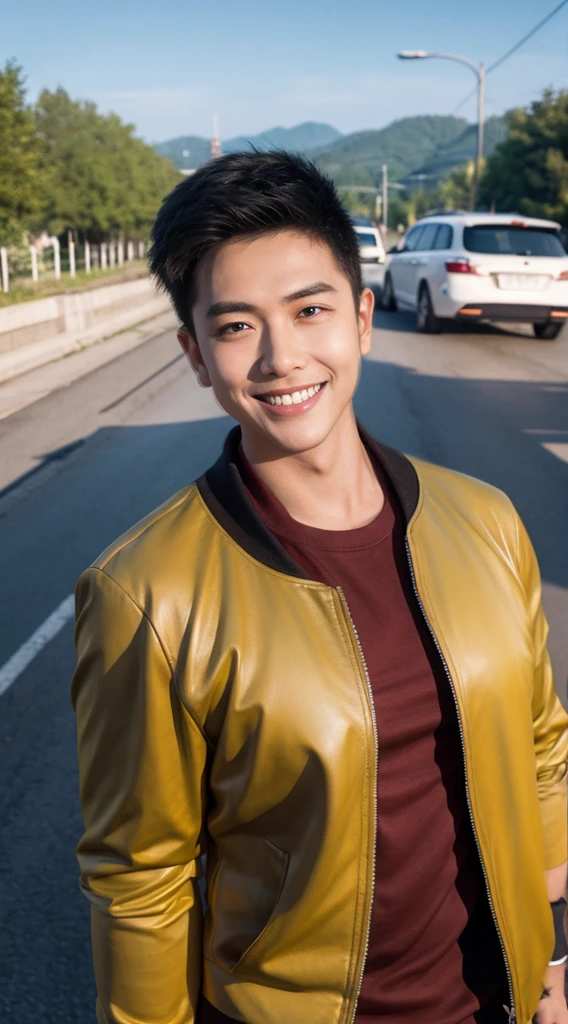 Masterpiece, best quality best, 1 young man, Asian man, East Asian people, one person, The muscles are in good proportion., Posing obscenely, short hair details，smile, white teeth, jacket set, road background, Realistic style，photography，Can be seen from the front, see viewers