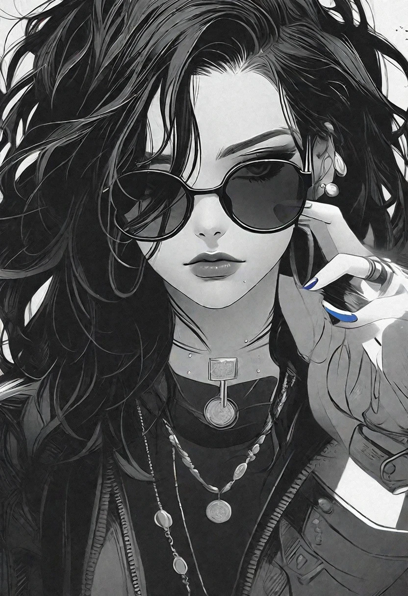 Anime girl smoking with black hair and sunglasses, black and white manga style, Gvez Style Art, Stunning, detailed art style, Charlie Bowater Style, 1 7 anime goth girl, detailed manga style, Black and white comics, Detailed Anime Character Art, The buds of art. High detail, striking manga artstyle